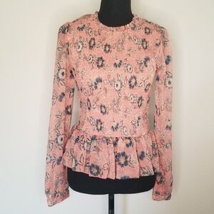 Patrons of Peace cropped, shirred bodice peplum flounce top Peach M